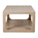 Kingsley rectangular light wood coffee table narrow end profile view showing open shelf depth
