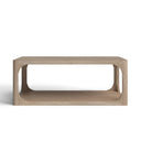 Kingsley rectangular light wood coffee table straight side profile view showing open shelf cutout