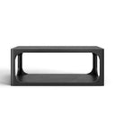 Kingsley rectangular black wood coffee table straight side profile view showing open shelf cutout