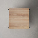 Top down view of Tate square table showing light wood plank tray surface