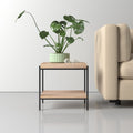 Tate light wood 2 tier square end table with black metal frame styled next to a couch