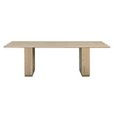 Tripp 6 Seater Dining Table shown from the front, with a slim light wood tabletop and matching vertically fluted pedestal supports.
