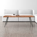 Walden rectangular live edge solid wood coffee table with angled metal legs styled in a room
