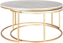 Zayn Genuine Marble Coffee Table nesting pair shown together, featuring white marble round tops and polished gold circular bases.