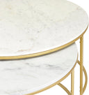 Close-up of the Zayn Genuine Marble Coffee Table showing the natural white marble surface, subtle veining, and gold-finished edge.