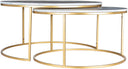 Zayn Genuine Marble Coffee Table set displayed separately, highlighting the two different table heights and slim gold metal legs.