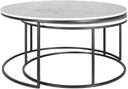 Close-up product view of the Zayn Genuine Marble Coffee Table showing the overlapping round marble tops and black circular metal bases.