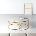 Zayn Genuine Marble Coffee Table set with two round white marble tops and gold metal frames, styled in a modern living room.