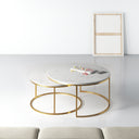 Zayn Genuine Marble Coffee Table set with two round white marble tops and gold metal frames, styled in a modern living room.