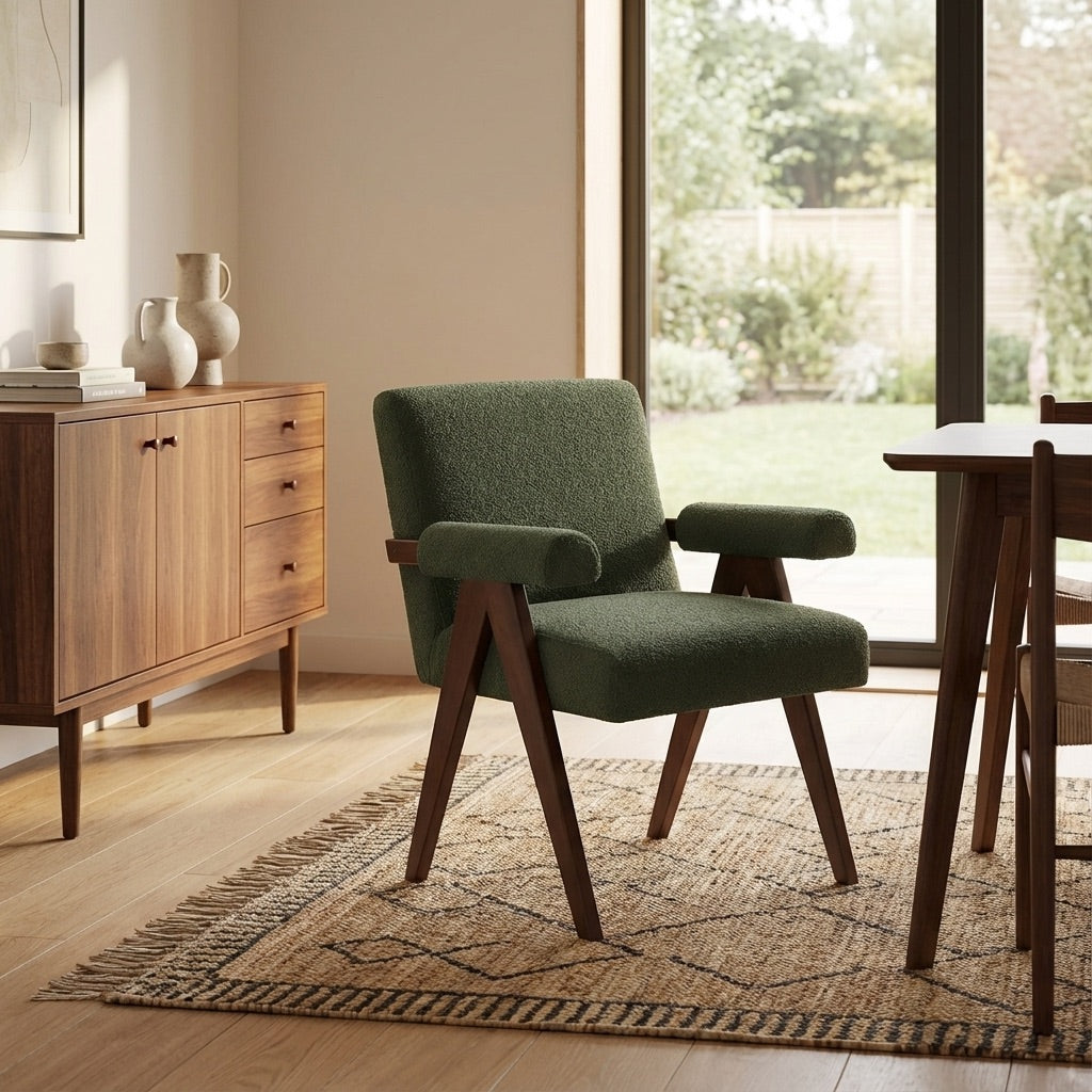 Eddie Dining Chair with Armrests in Wood and Bouclé Fabric