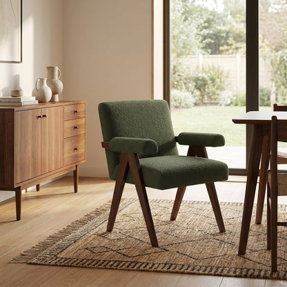 Eddie Dining Chair with Armrests in Wood and Bouclé Fabric