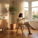 Eddie Dining Chair with Armrests in Wood and Bouclé Fabric