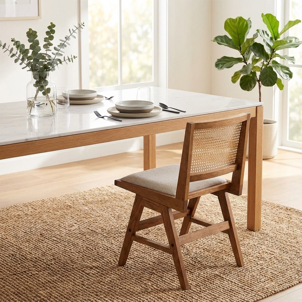 Zev Solid Wood and Rattan Upholstered Dining Chair