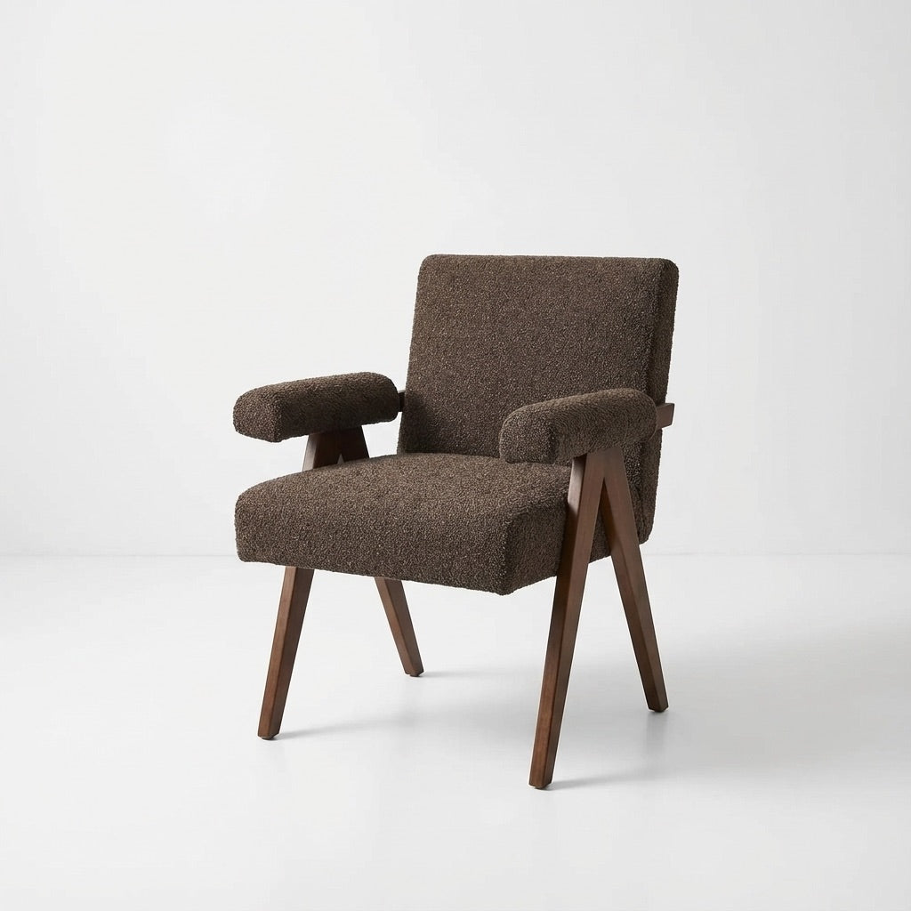 Eddie Dining Chair with Armrests in Wood and Bouclé Fabric