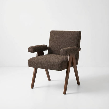 Eddie Dining Chair with Armrests in Wood and Bouclé Fabric