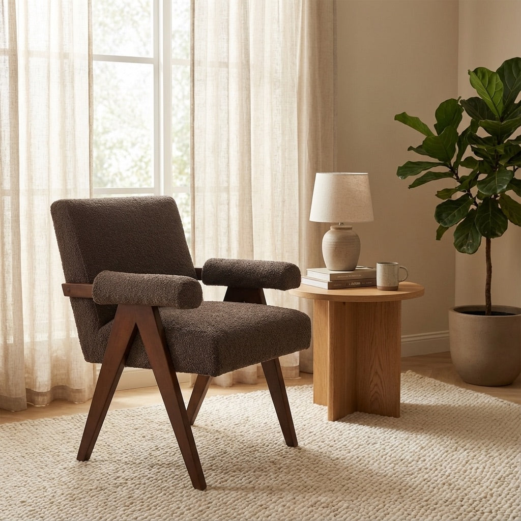 Eddie Dining Chair with Armrests in Wood and Bouclé Fabric