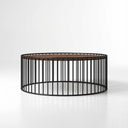 Zain round wood drum coffee table alternative side studio view