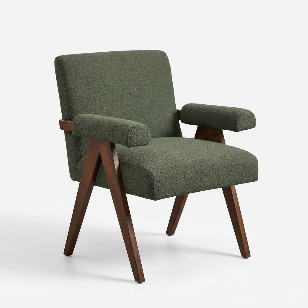 Eddie Dining Chair with Armrests in Wood and Bouclé Fabric