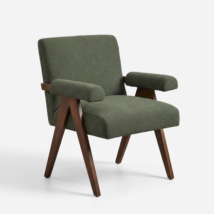 Eddie Dining Chair with Armrests in Wood and Bouclé Fabric