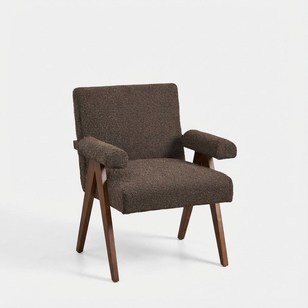 Eddie Dining Chair with Armrests in Wood and Bouclé Fabric