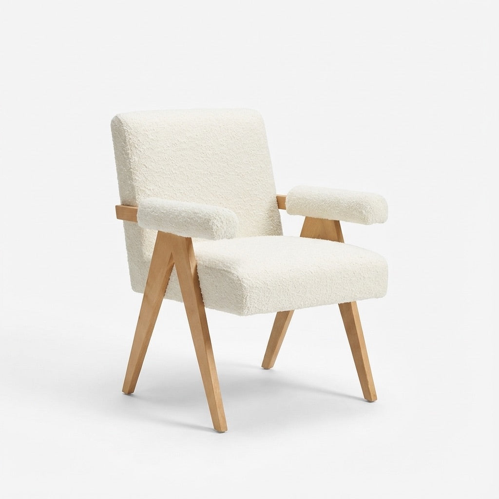 Eddie Dining Chair with Armrests in Wood and Bouclé Fabric