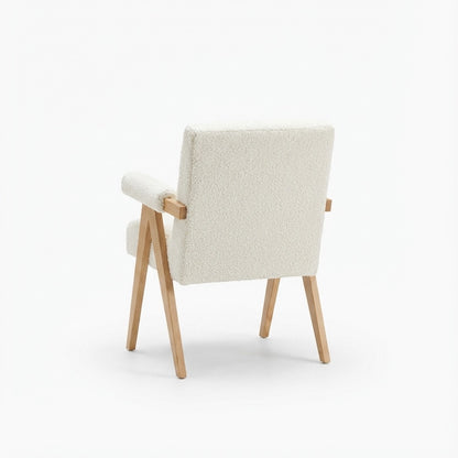 Eddie Dining Chair with Armrests in Wood and Bouclé Fabric