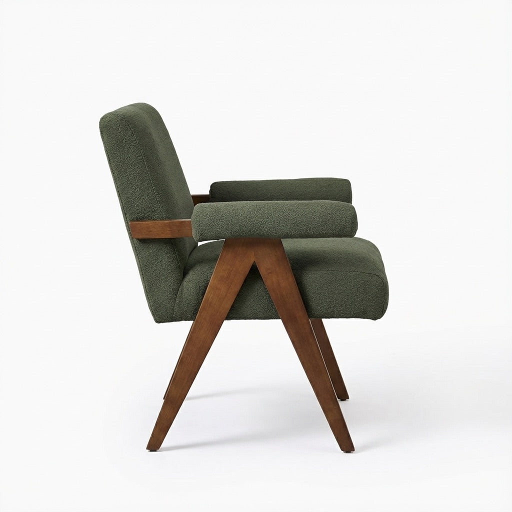 Eddie Dining Chair with Armrests in Wood and Bouclé Fabric