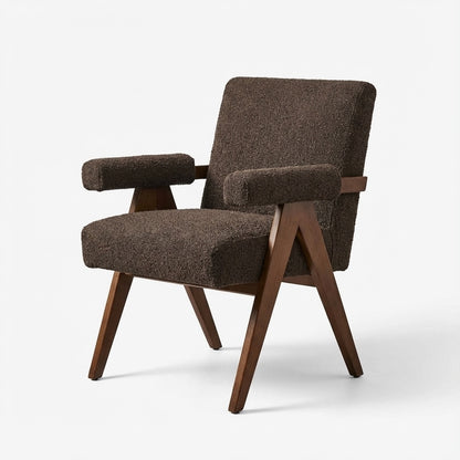 Eddie Dining Chair with Armrests in Wood and Bouclé Fabric