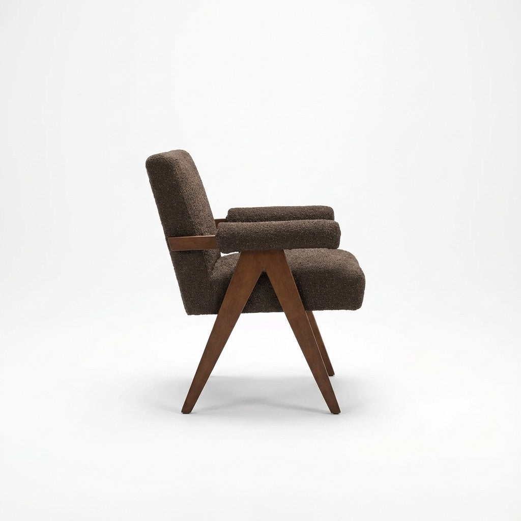 Eddie Dining Chair with Armrests in Wood and Bouclé Fabric