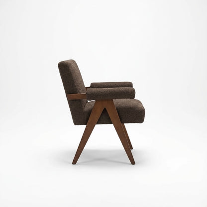 Eddie Dining Chair with Armrests in Wood and Bouclé Fabric