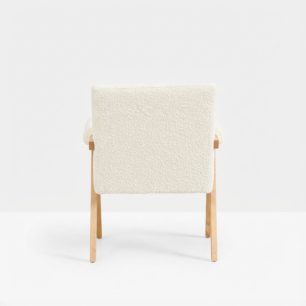 Eddie Dining Chair with Armrests in Wood and Bouclé Fabric