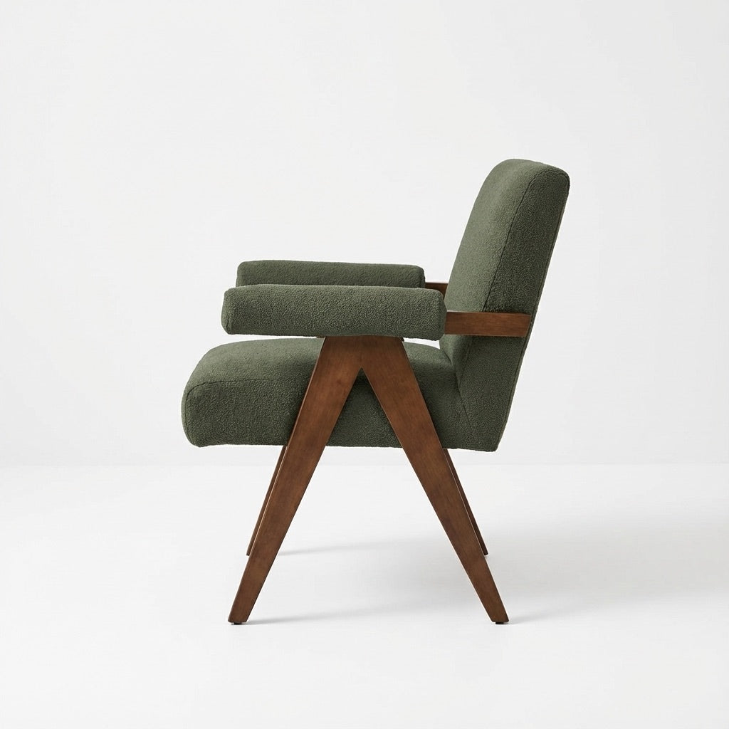 Eddie Dining Chair with Armrests in Wood and Bouclé Fabric