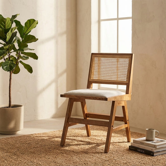 Zev Solid Wood and Rattan Upholstered Dining Chair
