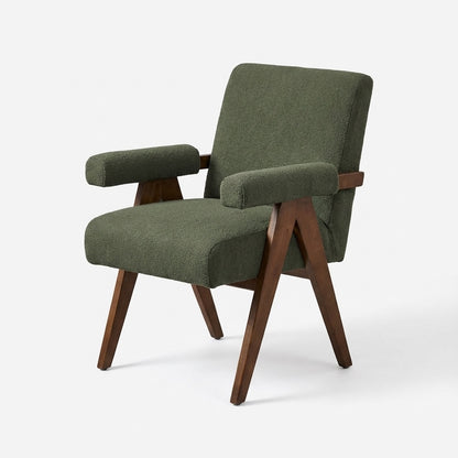 Eddie Dining Chair with Armrests in Wood and Bouclé Fabric