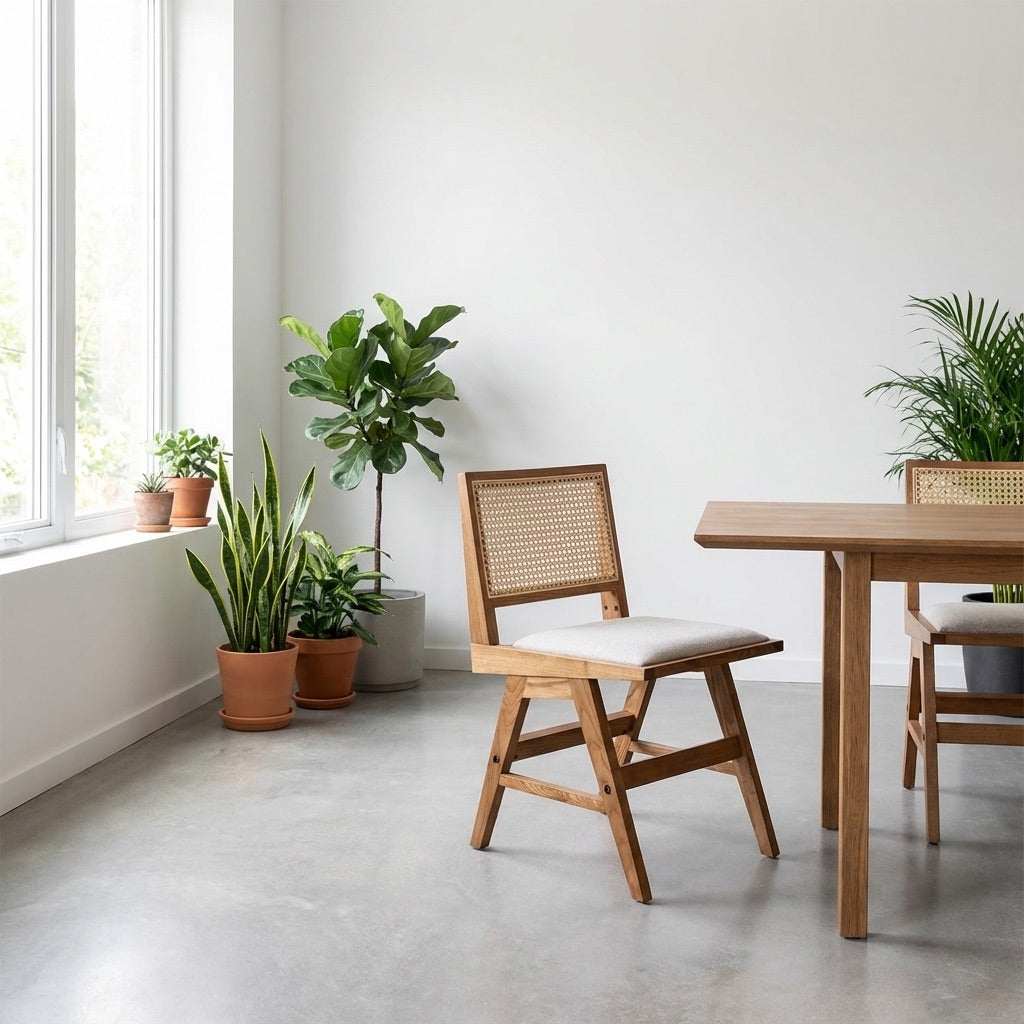 Zev Solid Wood and Rattan Upholstered Dining Chair