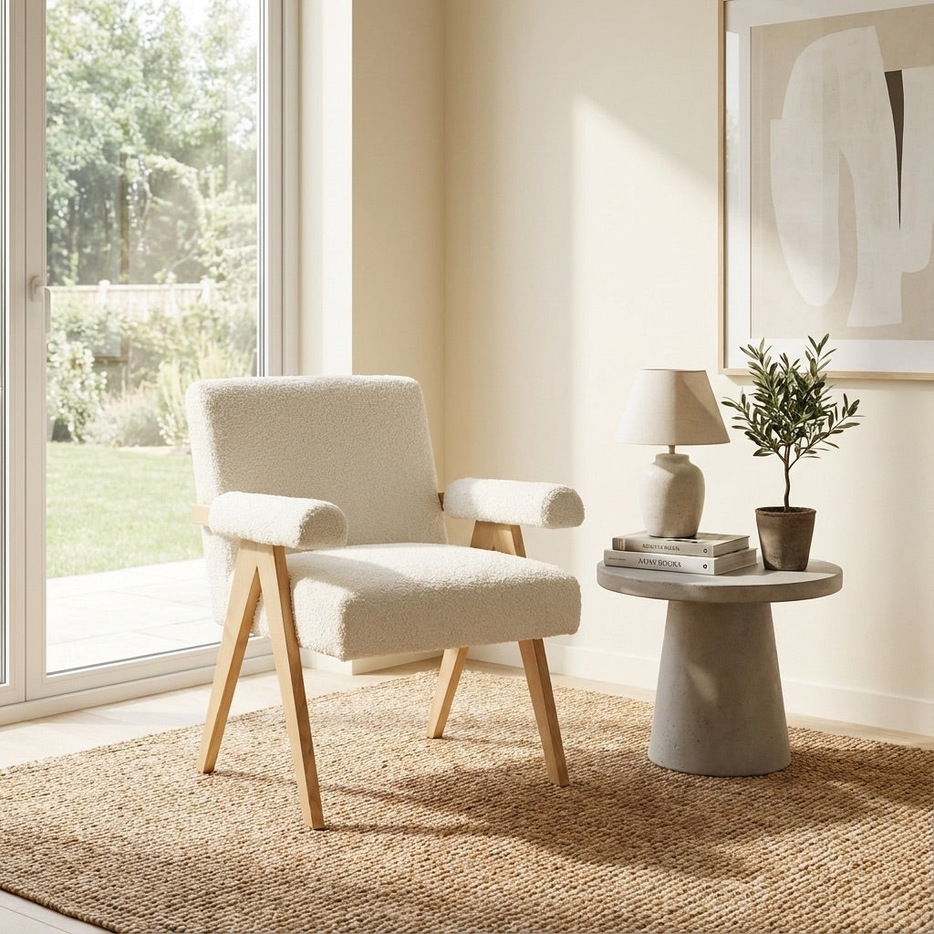 Eddie Dining Chair with Armrests in Wood and Bouclé Fabric