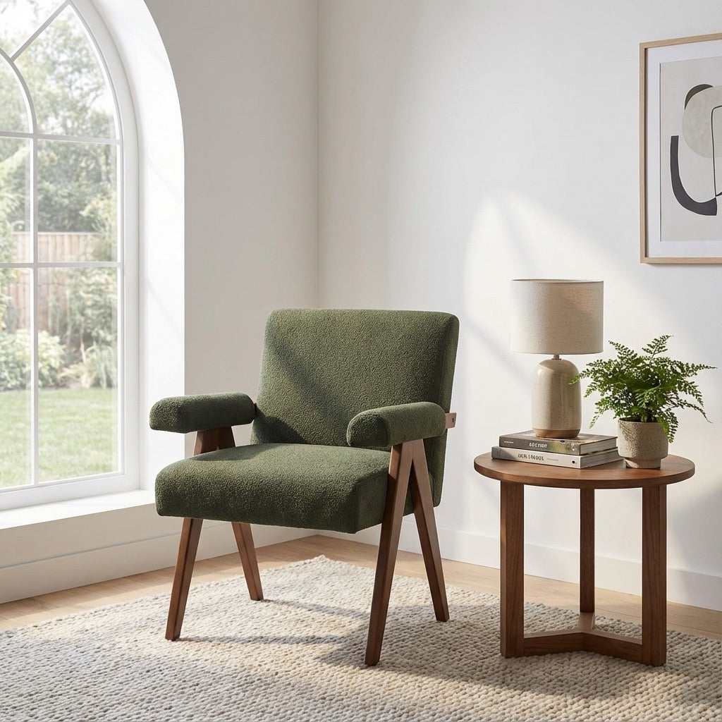 Eddie Dining Chair with Armrests in Wood and Bouclé Fabric