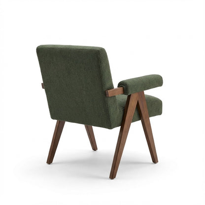 Eddie Dining Chair with Armrests in Wood and Bouclé Fabric