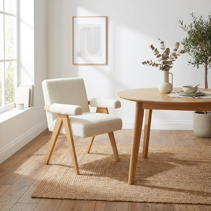 Eddie Dining Chair with Armrests in Wood and Bouclé Fabric