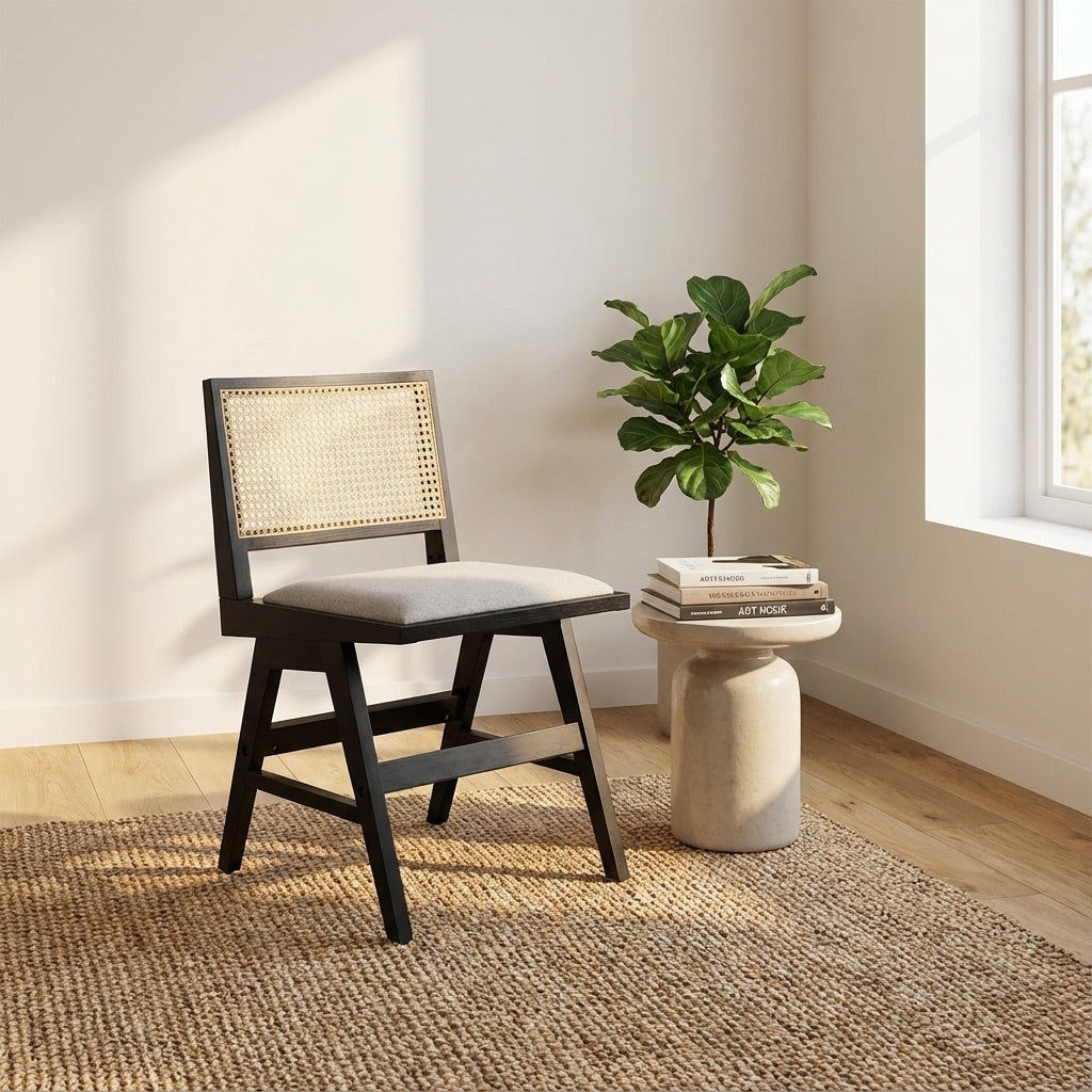 Zev Solid Wood and Rattan Upholstered Dining Chair