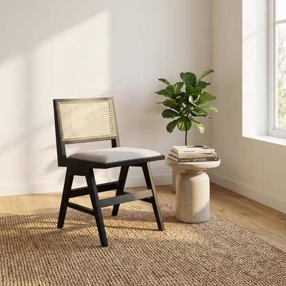 Zev Solid Wood and Rattan Upholstered Dining Chair