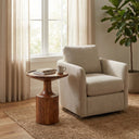 Jaime Tall End Table - round solid wood end table with a sculptural pedestal base and warm natural wood grain.