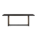 Side profile of the Dennis Woven Rectangle Dining Table highlighting the slim tabletop and open geometric base design.